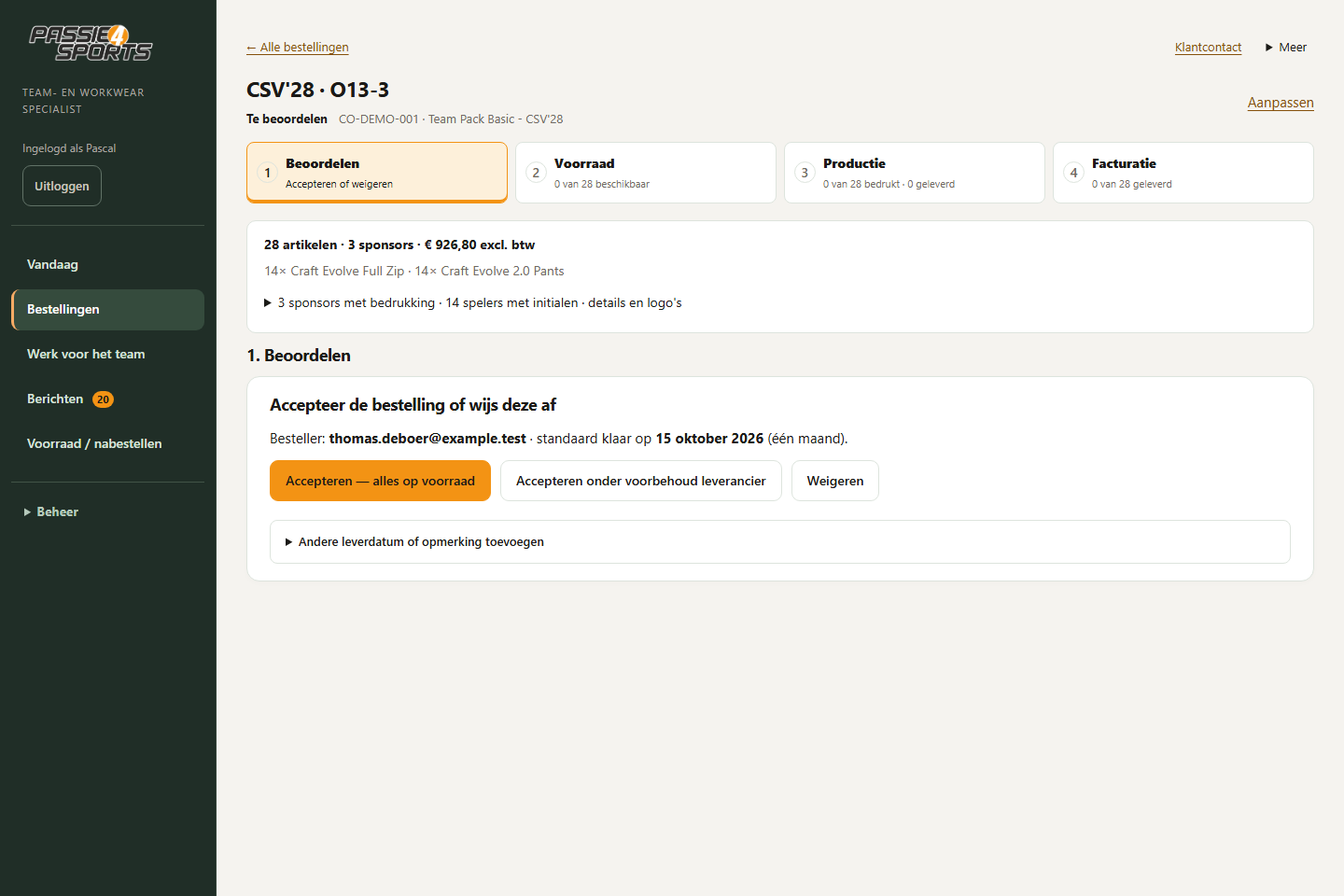 Scherm: Beoordeel de order en maak een leverafspraak