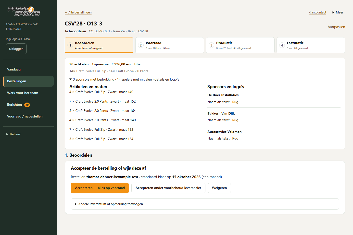 Scherm: Ordergegevens